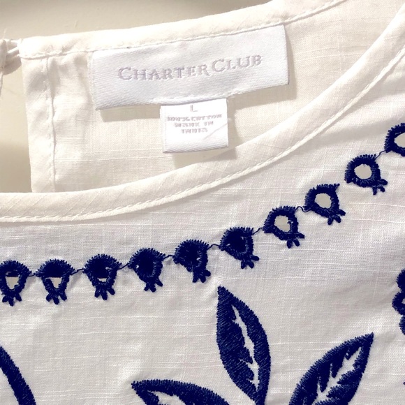 CHARTER CLUB- Navy Blue Embroidery on White Cotton Blouse. Size L - Picture 6 of 10